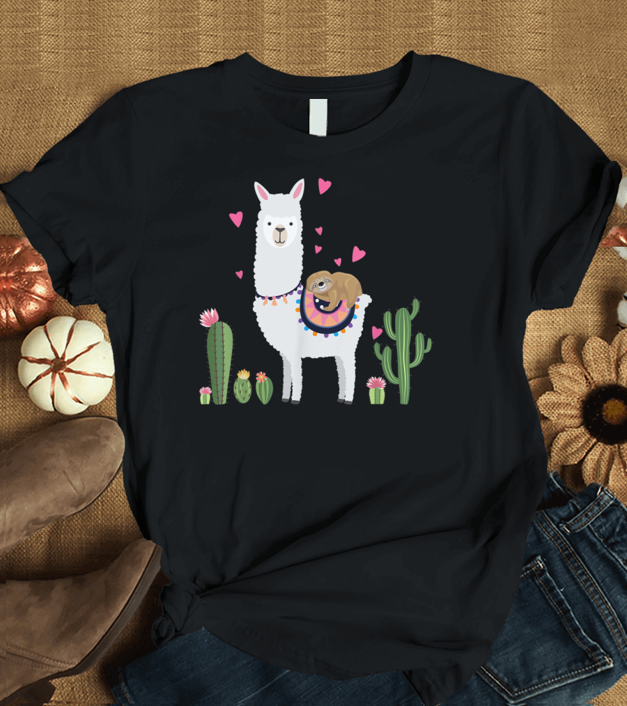 Sloth Riding Llama with Hearts and Cactus for Funny Valentine's Day T-Shirt