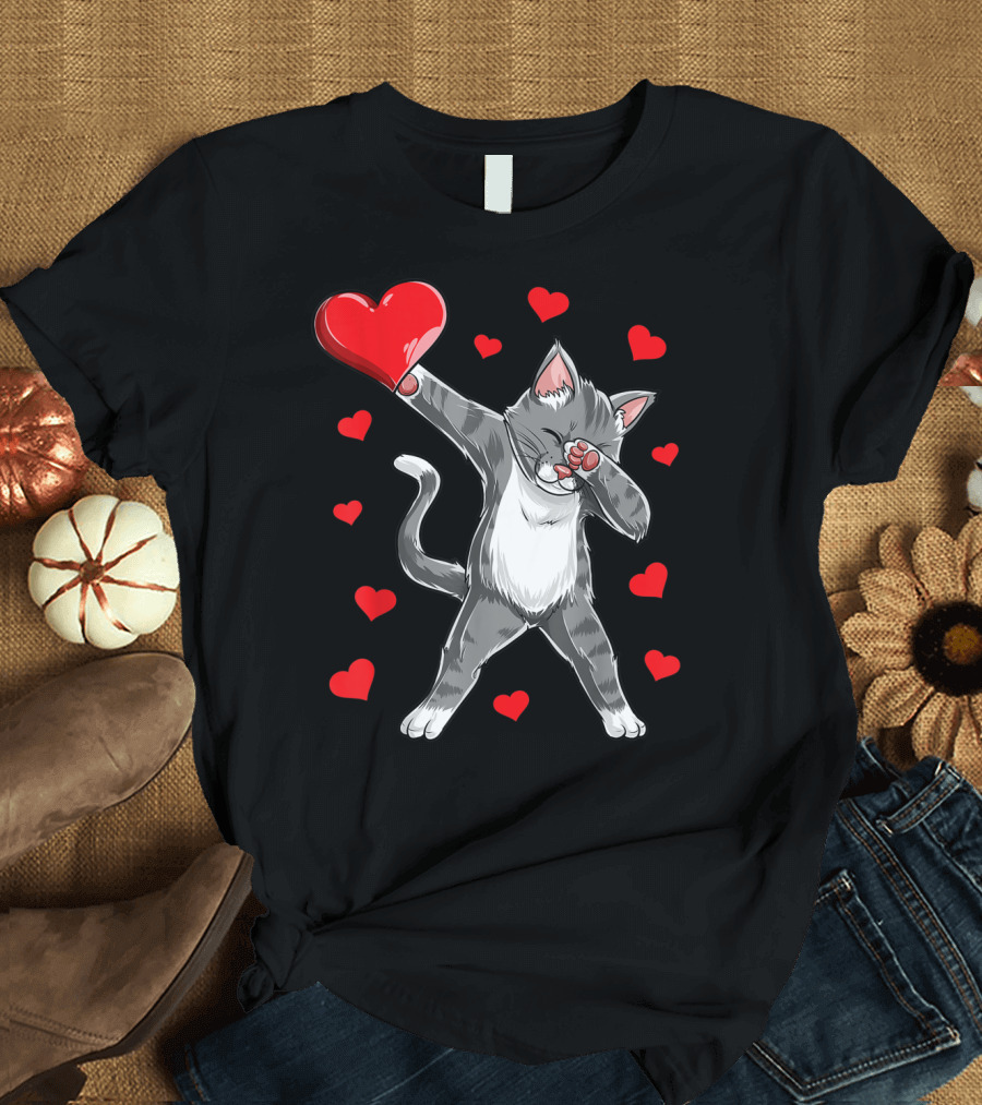 Valentines Day Dabbing Cat with Hearts for Girls Kitty T-Shirt