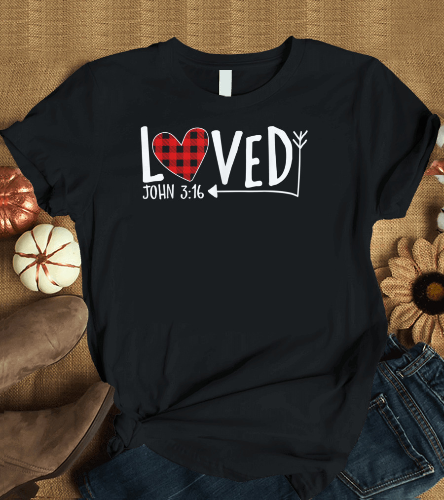 Loved John 3:16 Red Plaid Heart Christian T-Shirt