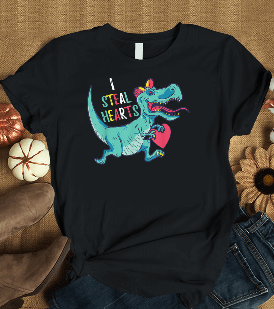 Valentines Day Dinosaur I Steal Hearts with Cute T-Rex and Red Heart T-Shirt
