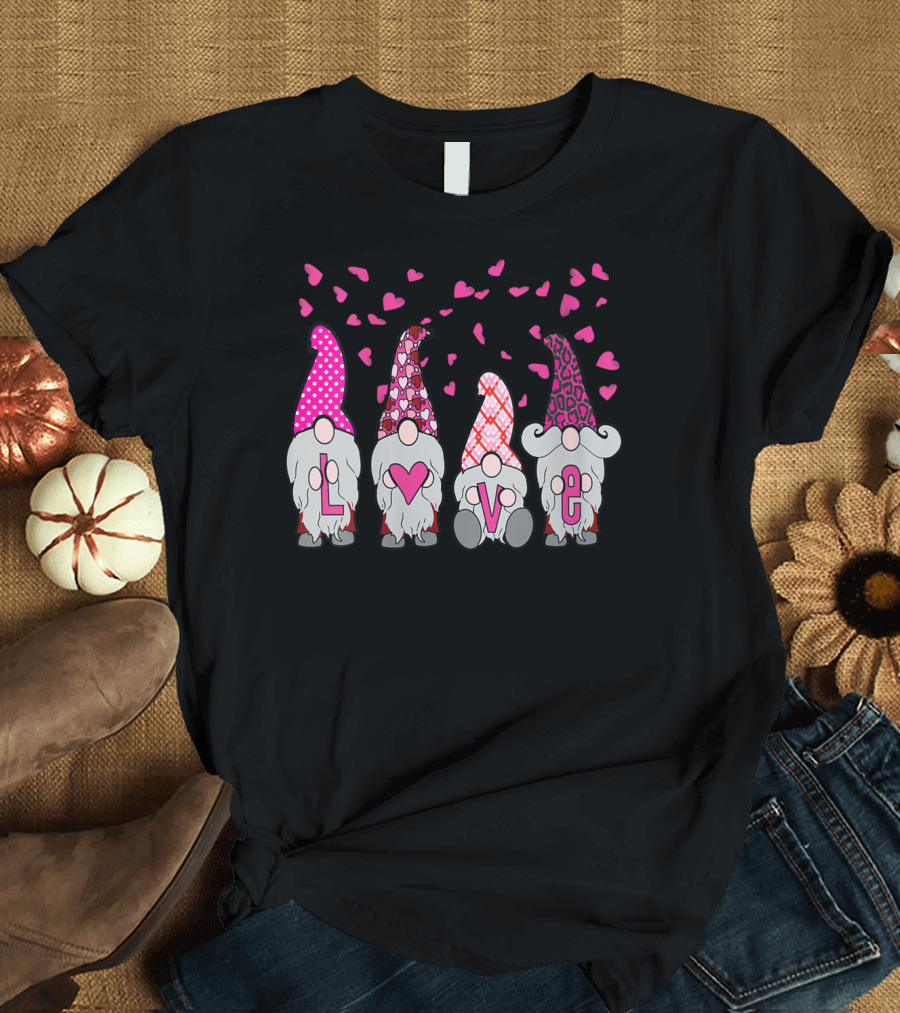 Cute Nordic Gnomes Love Hearts Leopard Pink Valentine's Day T-Shirt