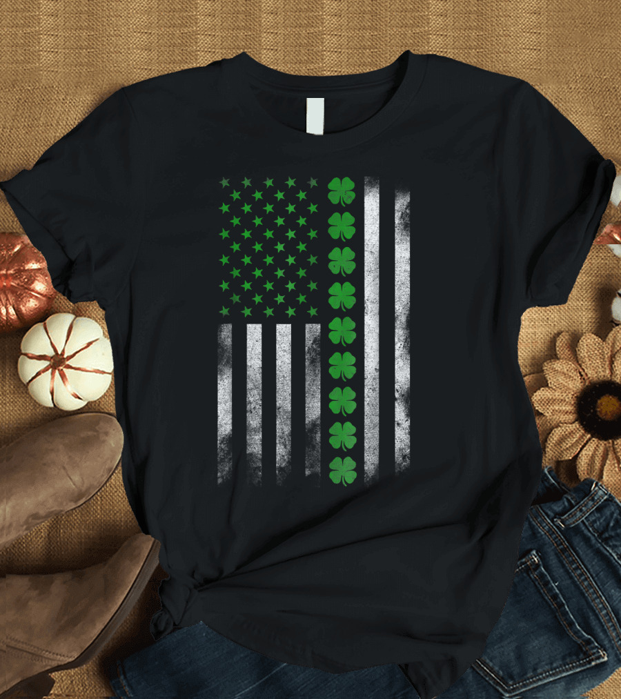 St. Patrick's Day Irish American Flag with Shamrock Stripes T-Shirt