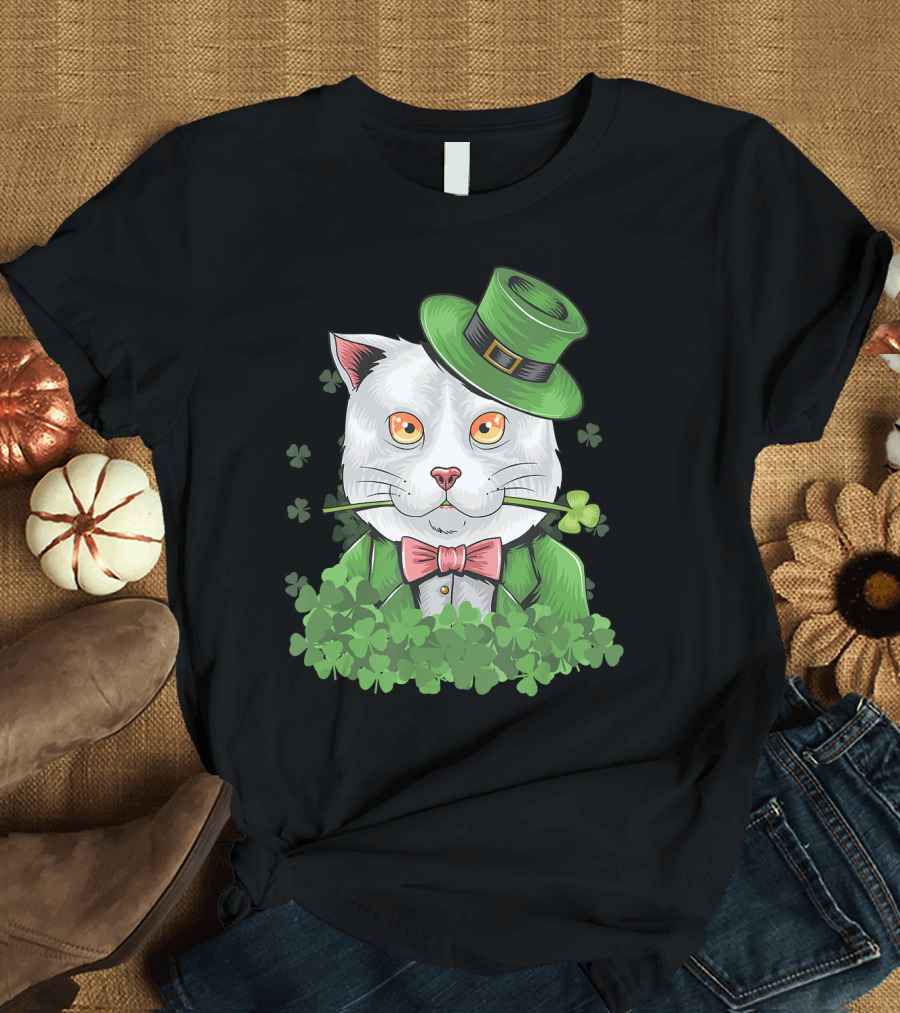 Zero Lucks Given St. Patrick's Day Cat with Shamrocks and Leprechaun Hat T-Shirt