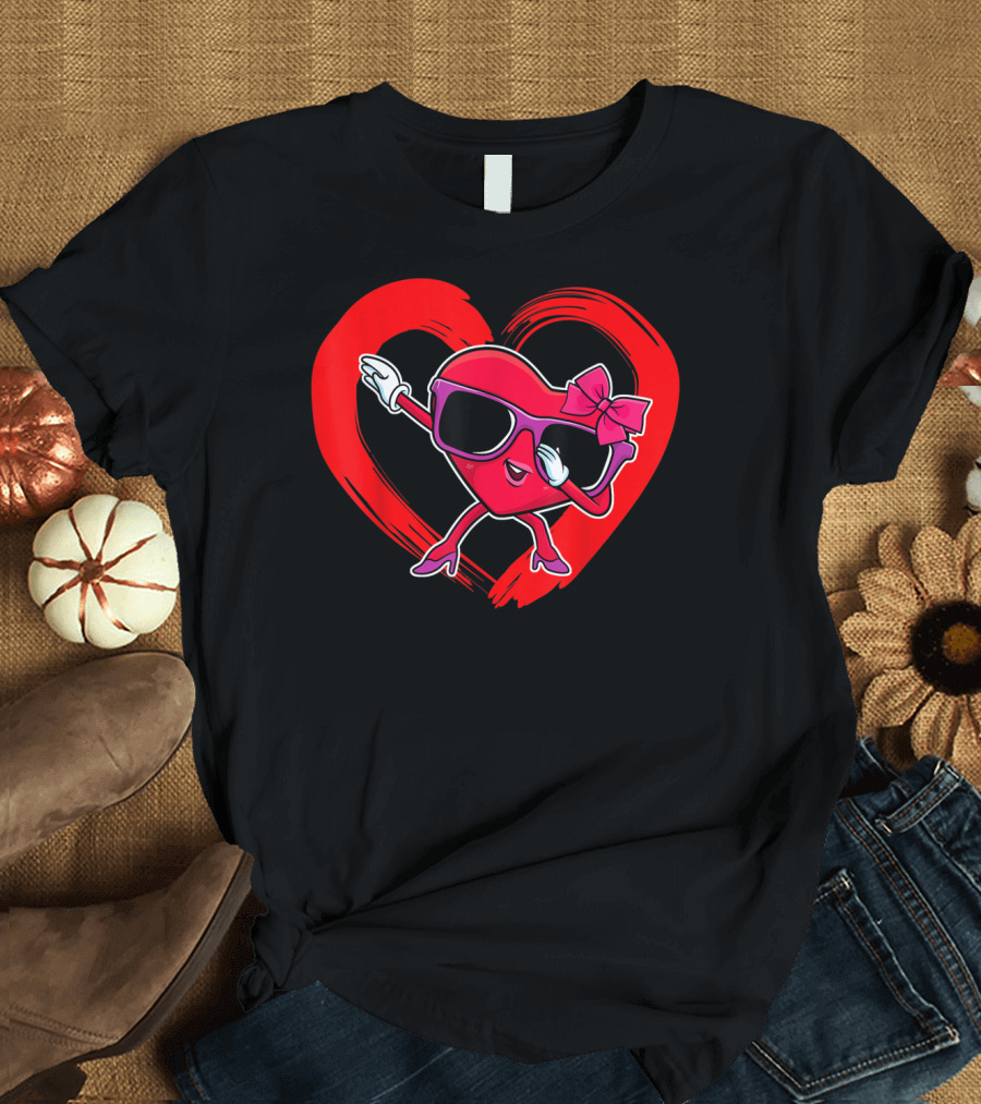 Cute Valentines Day Heart with Bow and Sunglasses Dab T-Shirt
