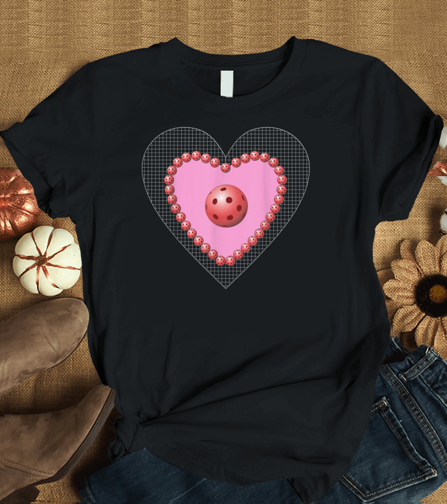 Valentine Pickleball Heart with Red Balls and Grid Background T-Shirt