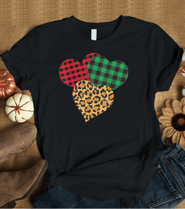 T-Shirt: Valentine Leopard Print with Red and Green Plaid Hearts T-Shirt Valentine Leopard Print with Red and Green Plaid Hearts T-Shirt
