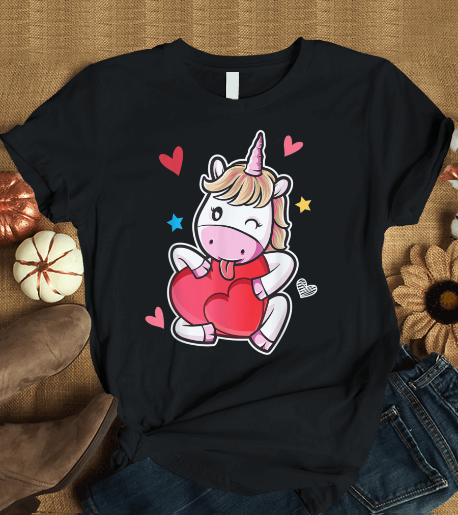 Unicorn Hugging Heart Surrounded by Valentine Stars and Hearts T-Shirt
