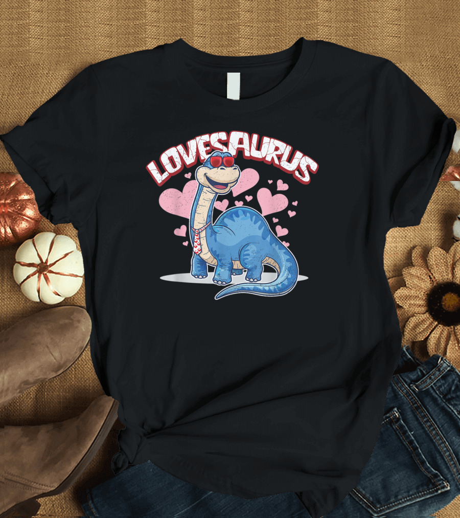 Lovesaurus Dinosaur Valentine with Hearts and Tie T-Shirt