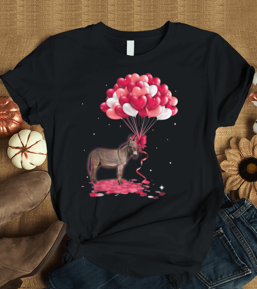 Donkey With Love Hearts Balloons Valentine Romance T-Shirt