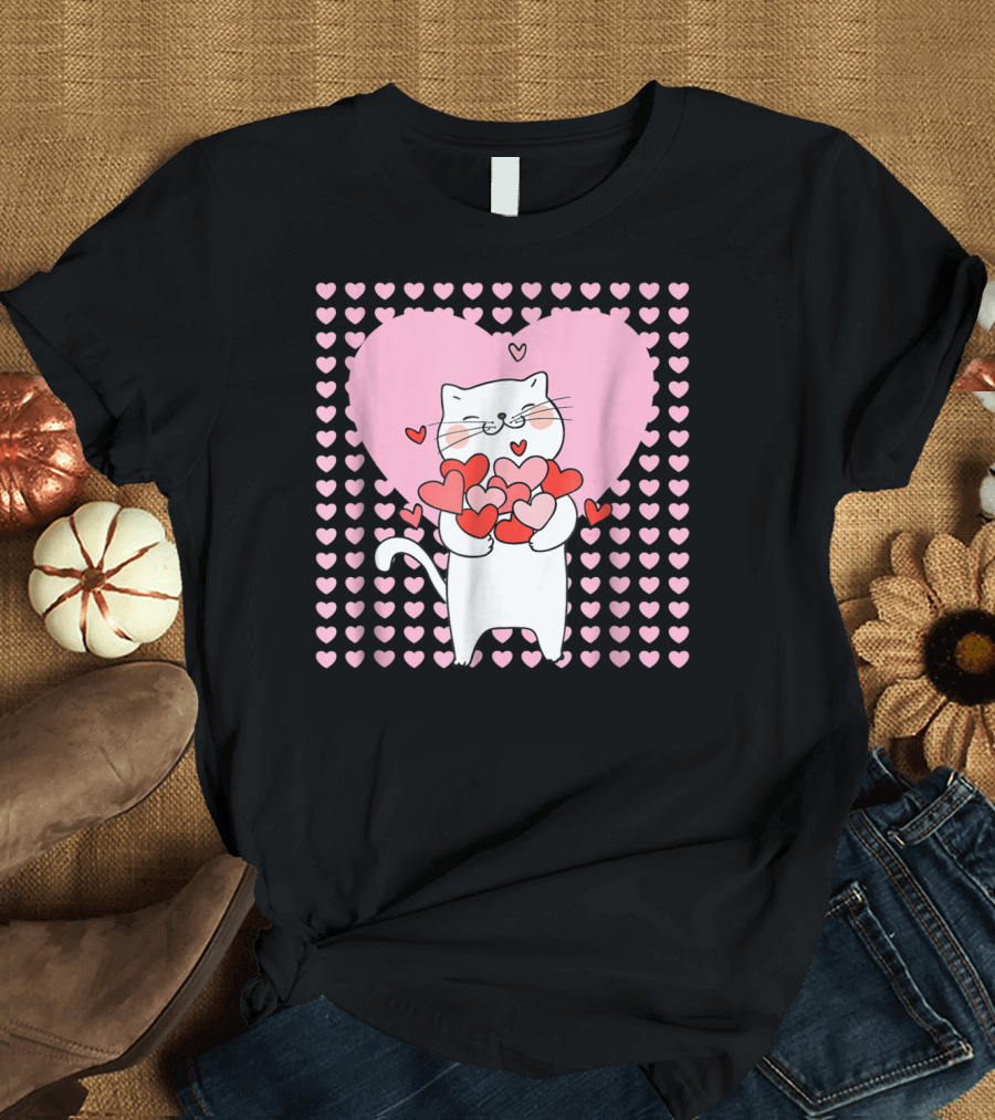 Happy Valentine Cat Holding Hearts Surrounded by Pink Hearts T-Shirt