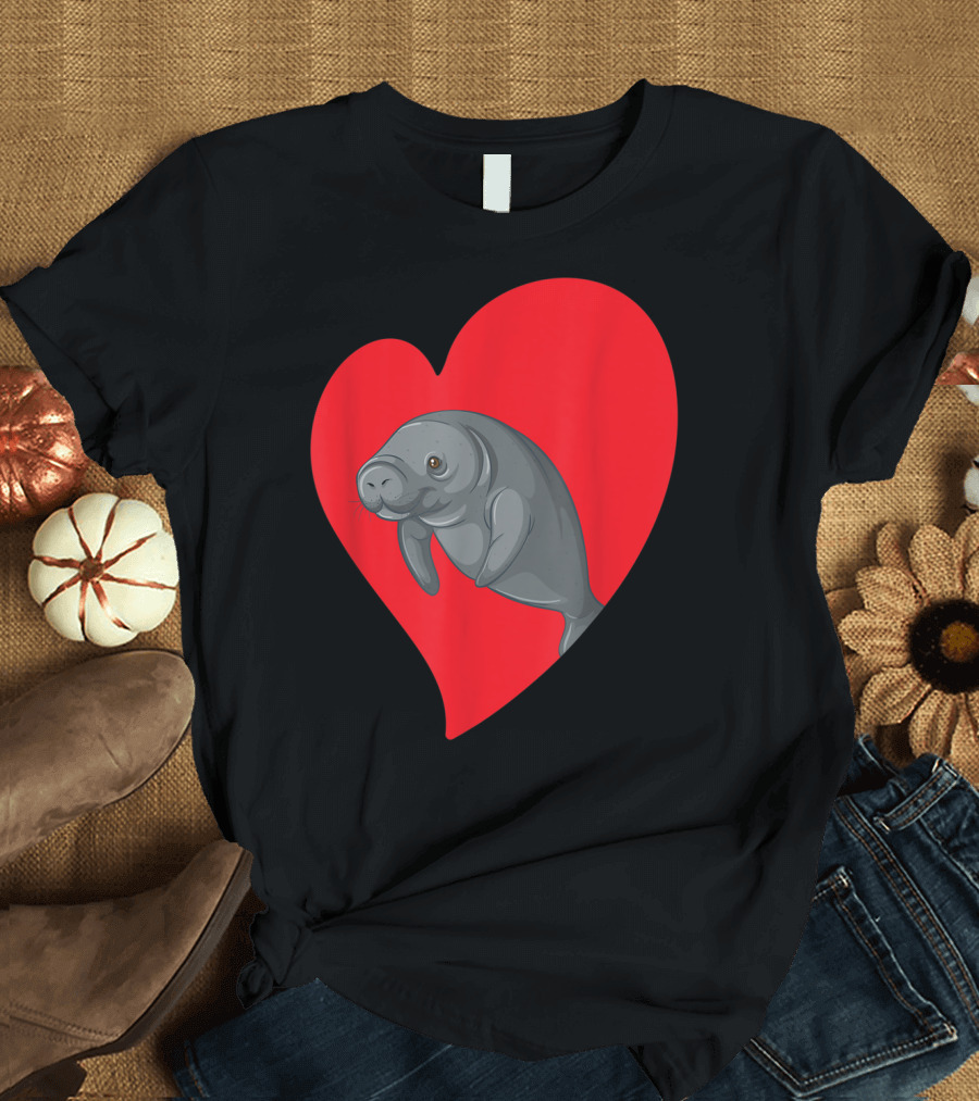 Mana Red Heart Valentine Day Manatee Lovers T-Shirt