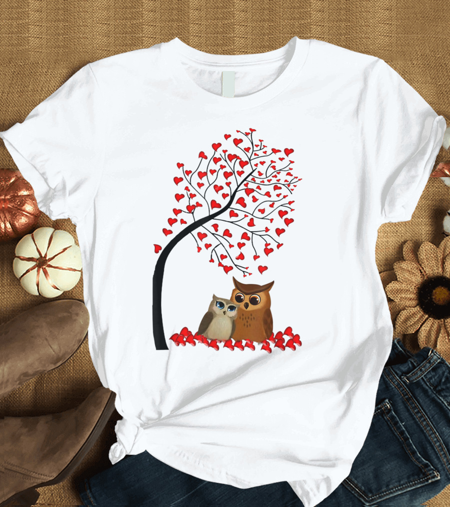 Owl Couple Under Heart Tree Valentine T-Shirt
