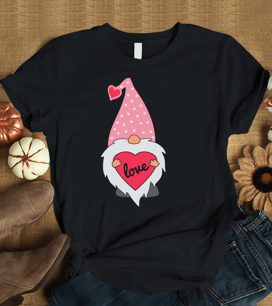 Cute Gnome Holding Heart Love Pink Polka Dot Hat Valentine T-Shirt