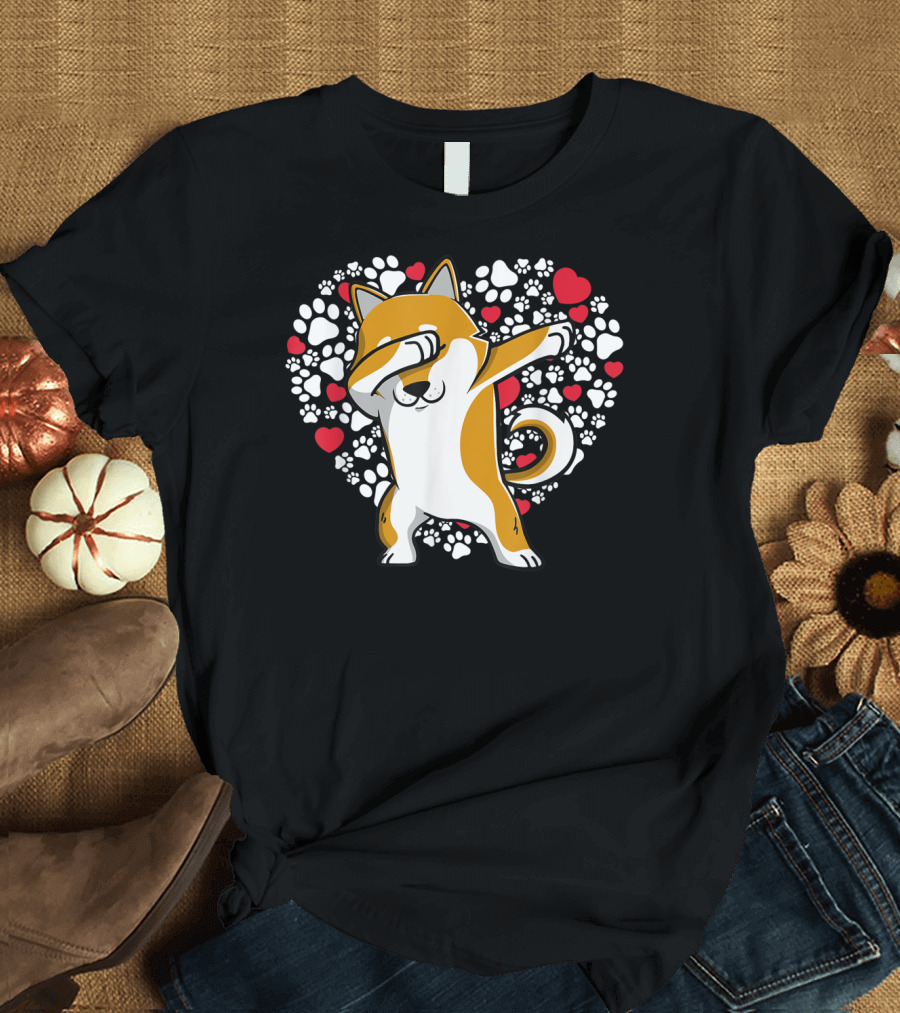 Shiba Inu Dog Dabbing Valentine Funny Heart and Paw Prints T-Shirt