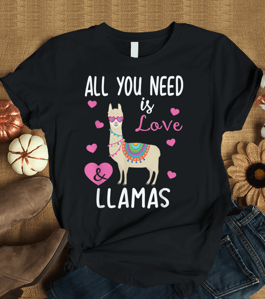 All You Need Is Love and Llamas Valentine's Day Llama with Hearts and Sunglasses T-Shirt