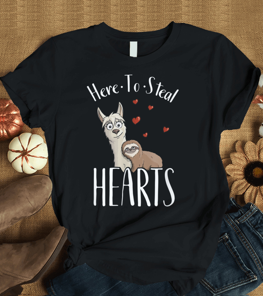 Here To Steal Hearts Valentine Sloth Riding Llama T-Shirt