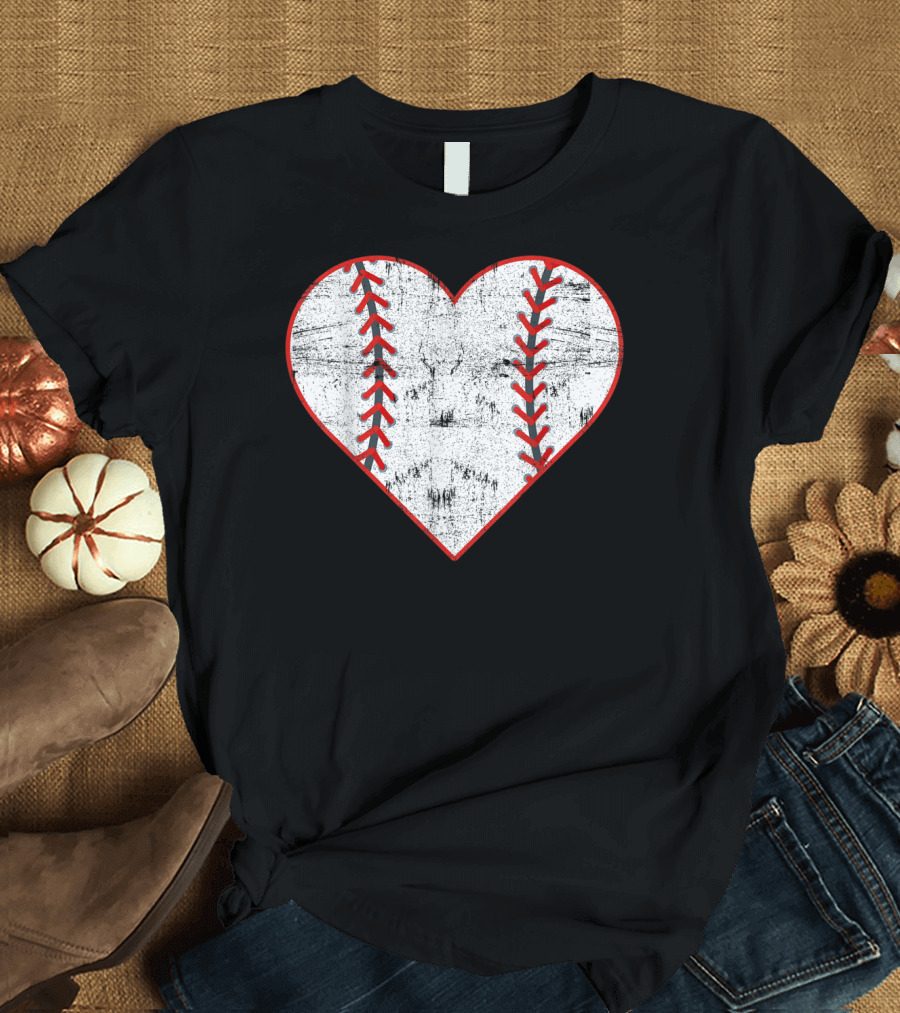 Valentines Day Vintage Baseball Heart Stitch T-Shirt