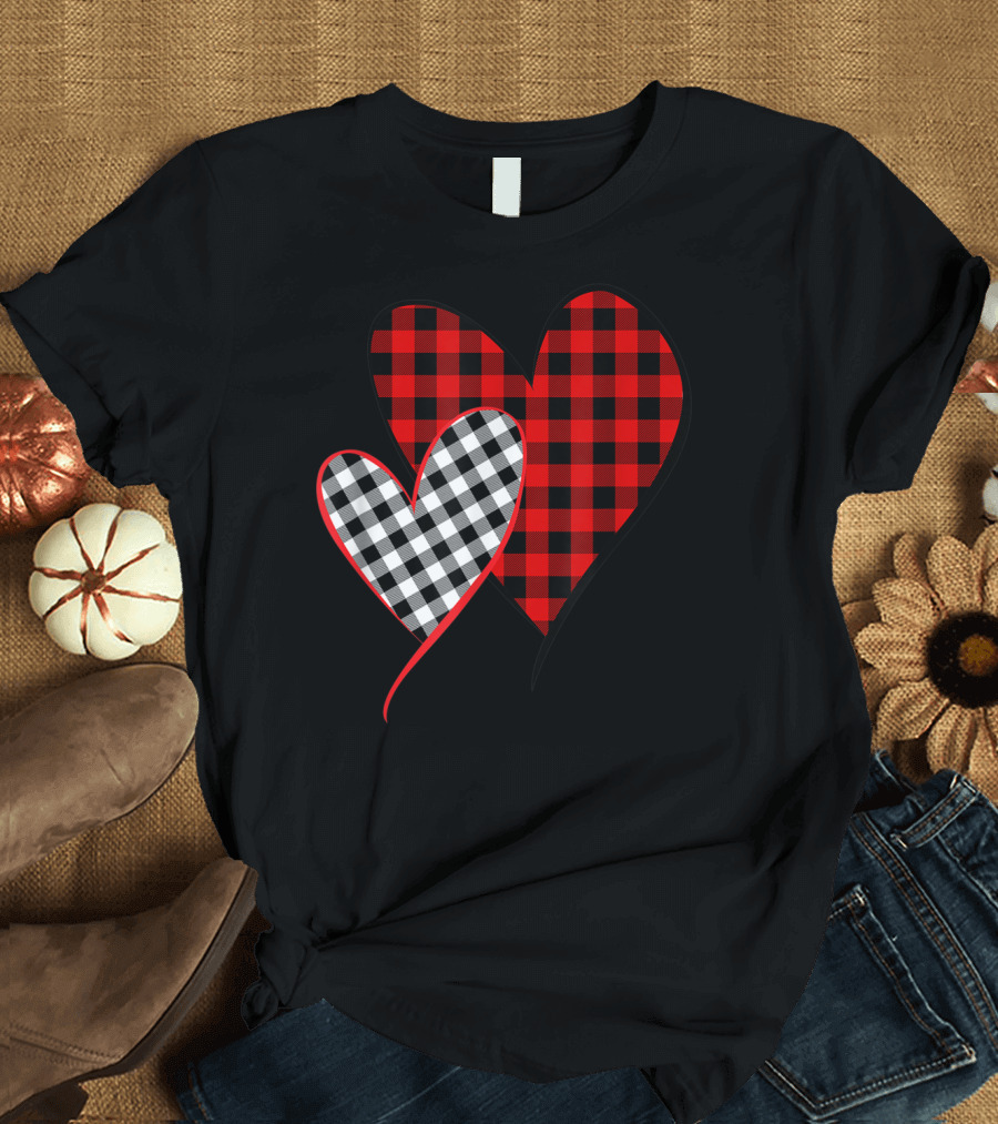 Valentine Two Hearts Red Black Check Plaid Buffalo T-Shirt