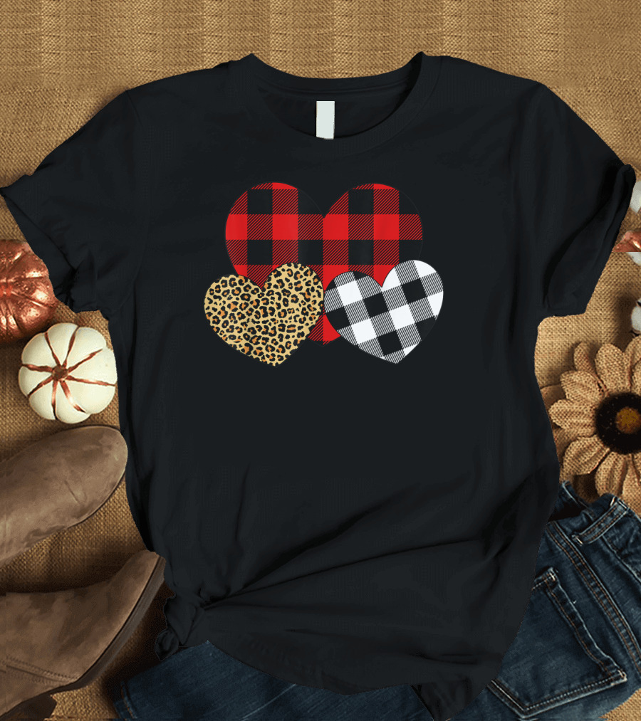 Happy Valentine Day Checkered Leopard Three Hearts T-Shirt