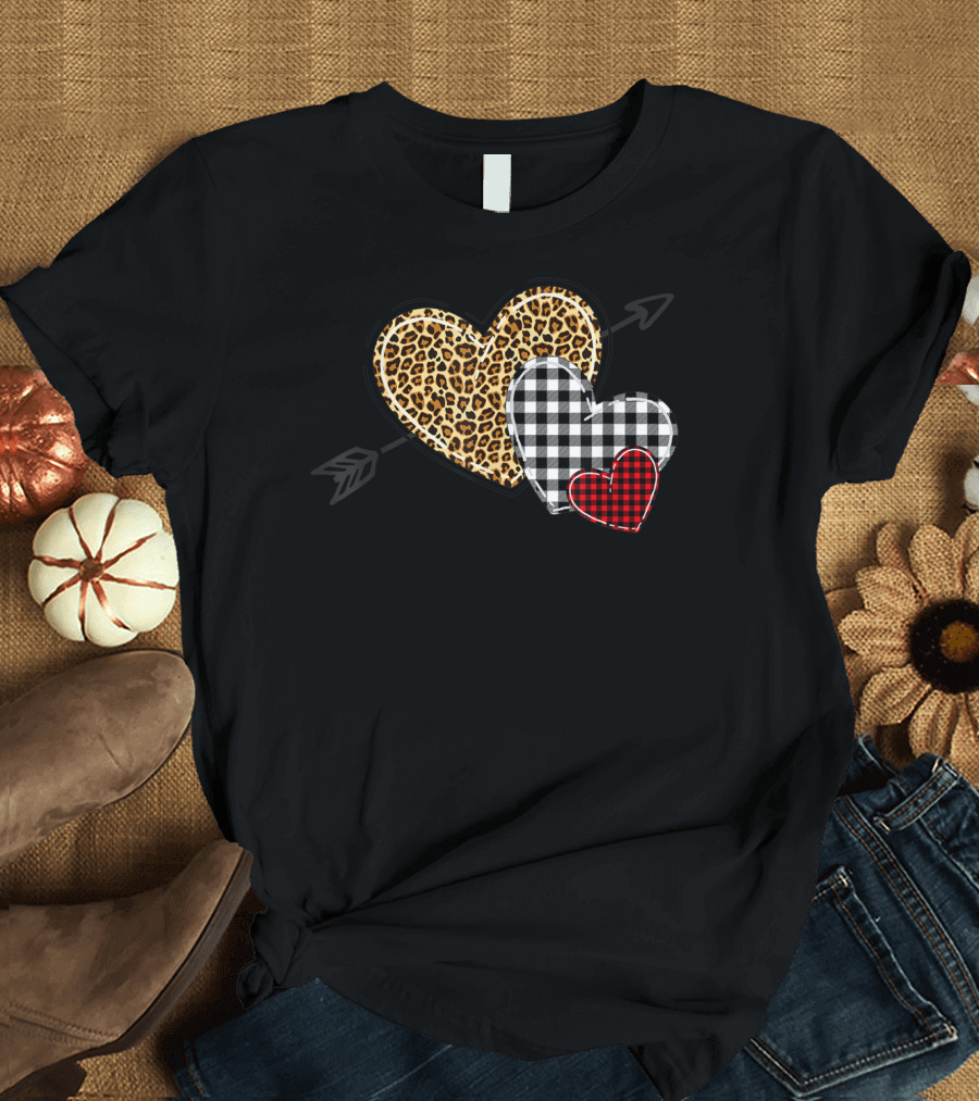 Leopard Print Heart Buffalo Plaid Valentine Hearts T-Shirt