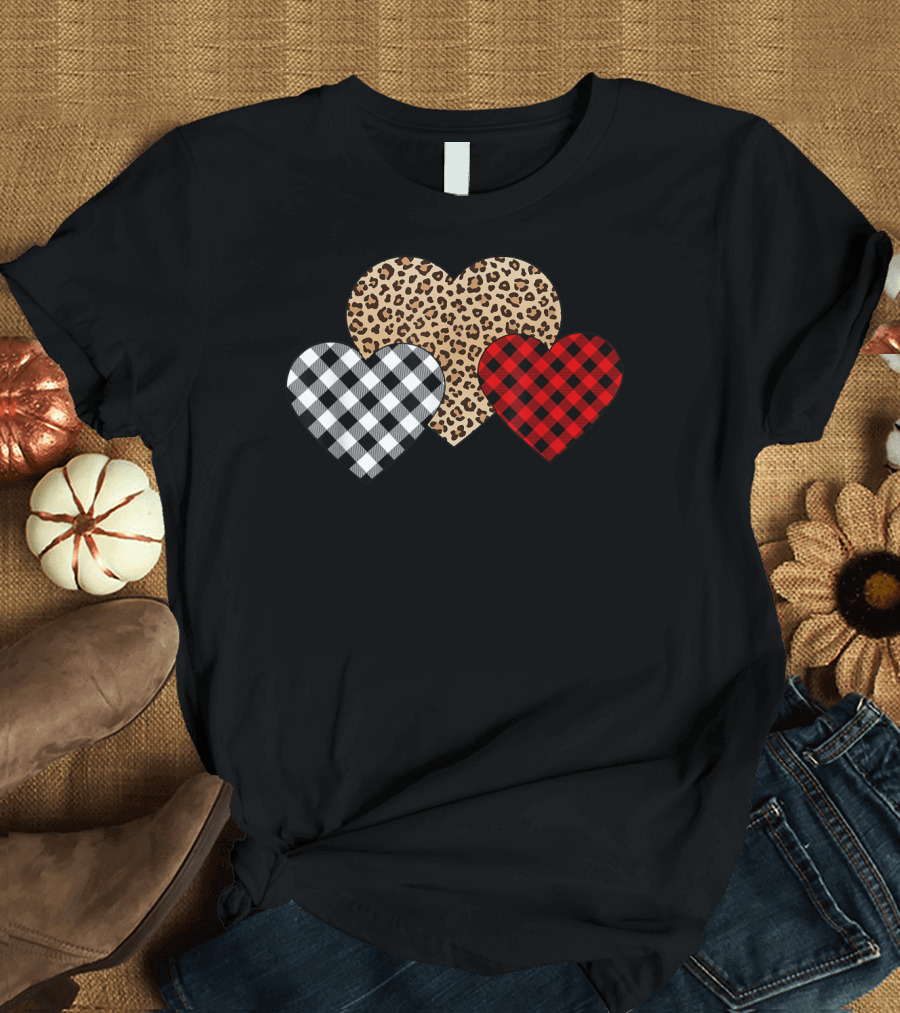 Valentine Leopard Buffalo Plaid Three Hearts T-Shirt