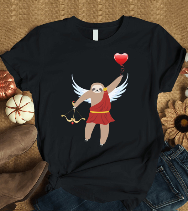 T-Shirt: Cupid Sloth Valentine Holding Heart Balloon and Bow with Wings T-Shirt Cupid Sloth Valentine Holding Heart Balloon and Bow with Wings T-Shirt
