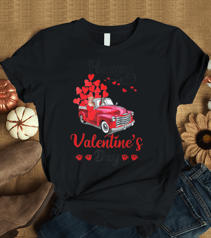 Happy Valentine's Day Cute Couple Pit Bull Dog Red Truck Hearts T-Shirt