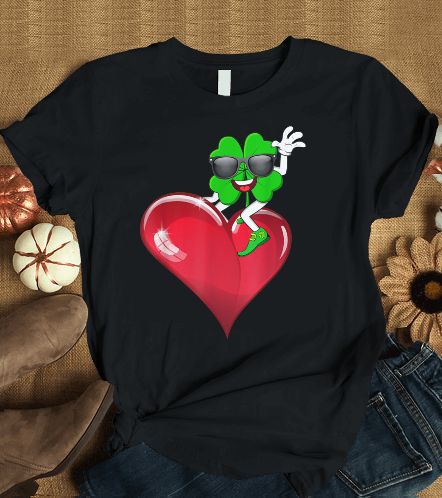 Shamrock Riding Heart with Sunglasses St Patrick's Day T-Shirt