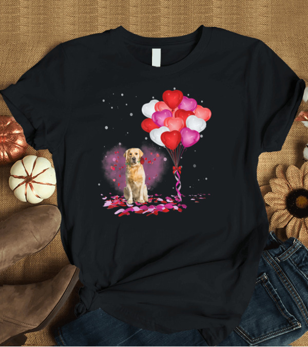 T-Shirt: Valentine Day Golden Retriever with Rose Petals and Heart Balloons T-Shirt Valentine Day Golden Retriever with Rose Petals and Heart Balloons T-Shirt