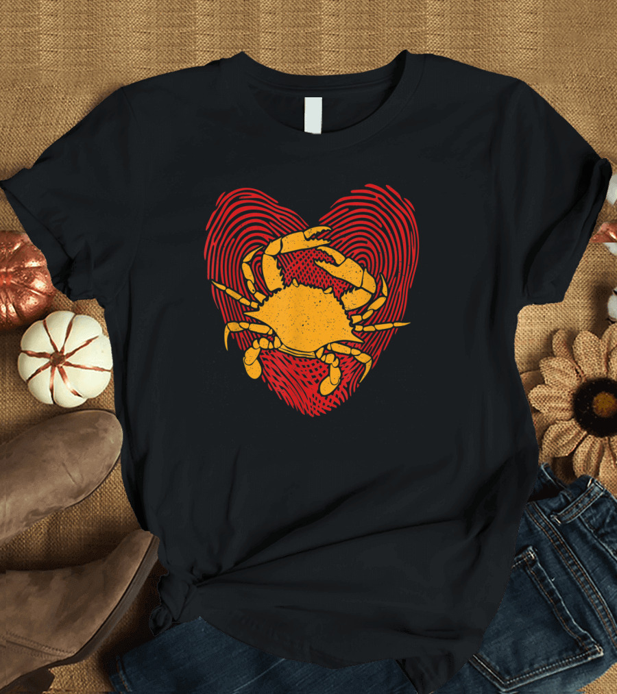 Valentines Day Crab Heart Love Valentine Fingerprint T-Shirt