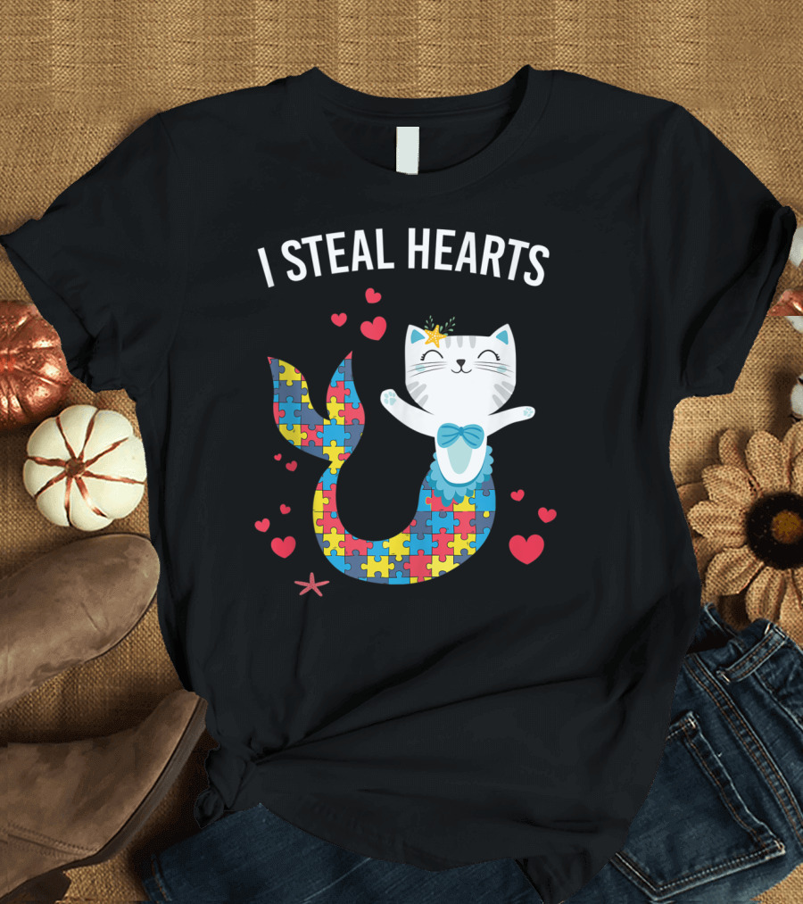 I Steal Hearts Autism Cat Mermaid Purrmaid T-Shirt