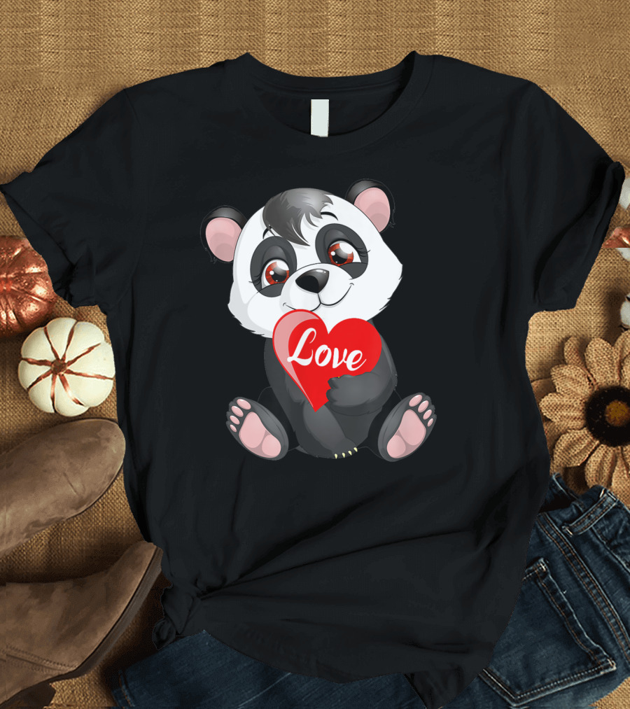 Cute Panda Holding Red Heart Love Cute Panda Lover T-Shirt