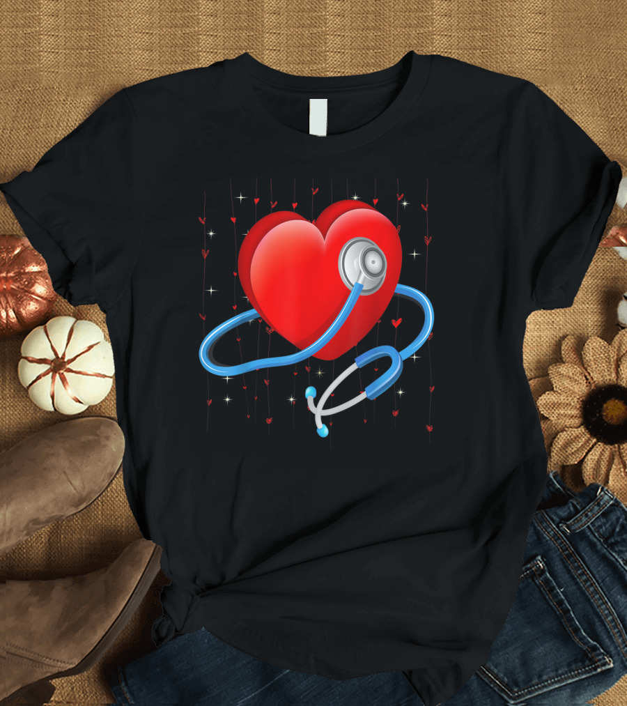 Funny Nurse Valentine Day Heart Stethoscope Love Hearts T-Shirt