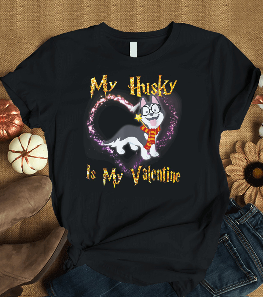 My Husky Is My Valentine Wizard Glasses Scarf Heart Magic Wand T-Shirt