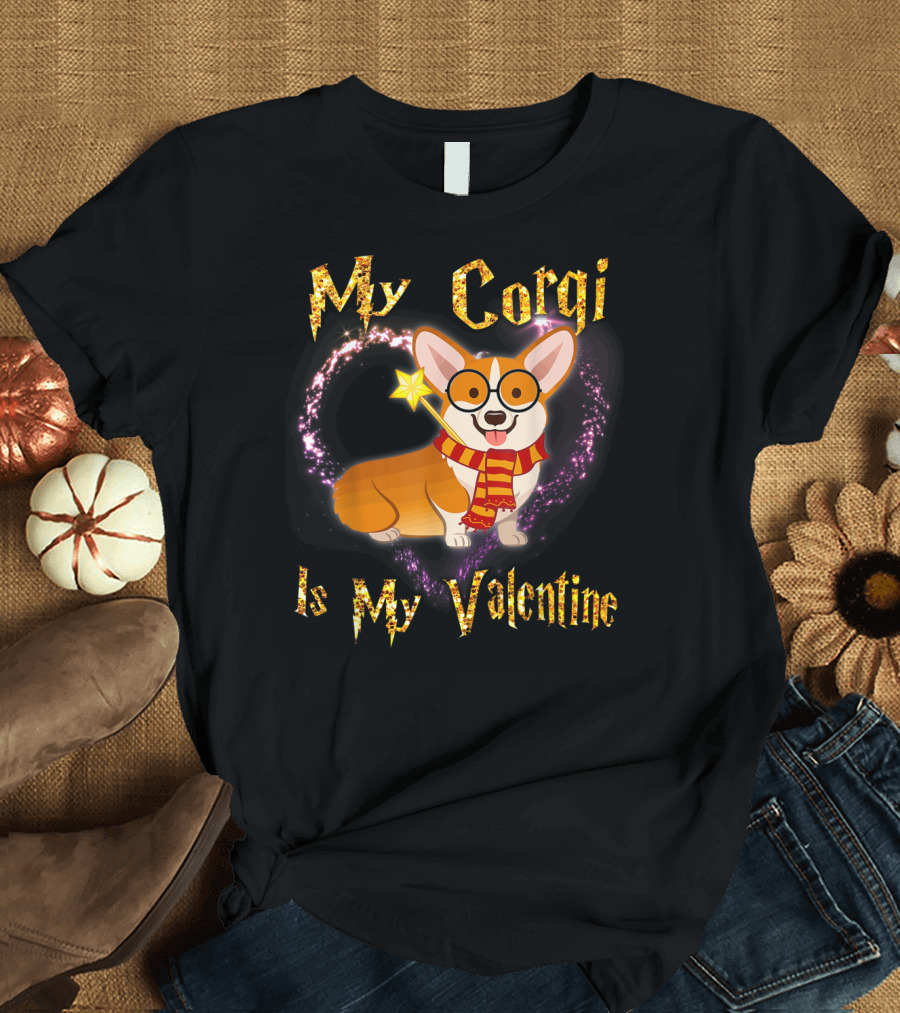 My Corgi Is My Valentine Wizard Glasses Scarf Magic Wand Pink Heart Sparkle T-Shirt