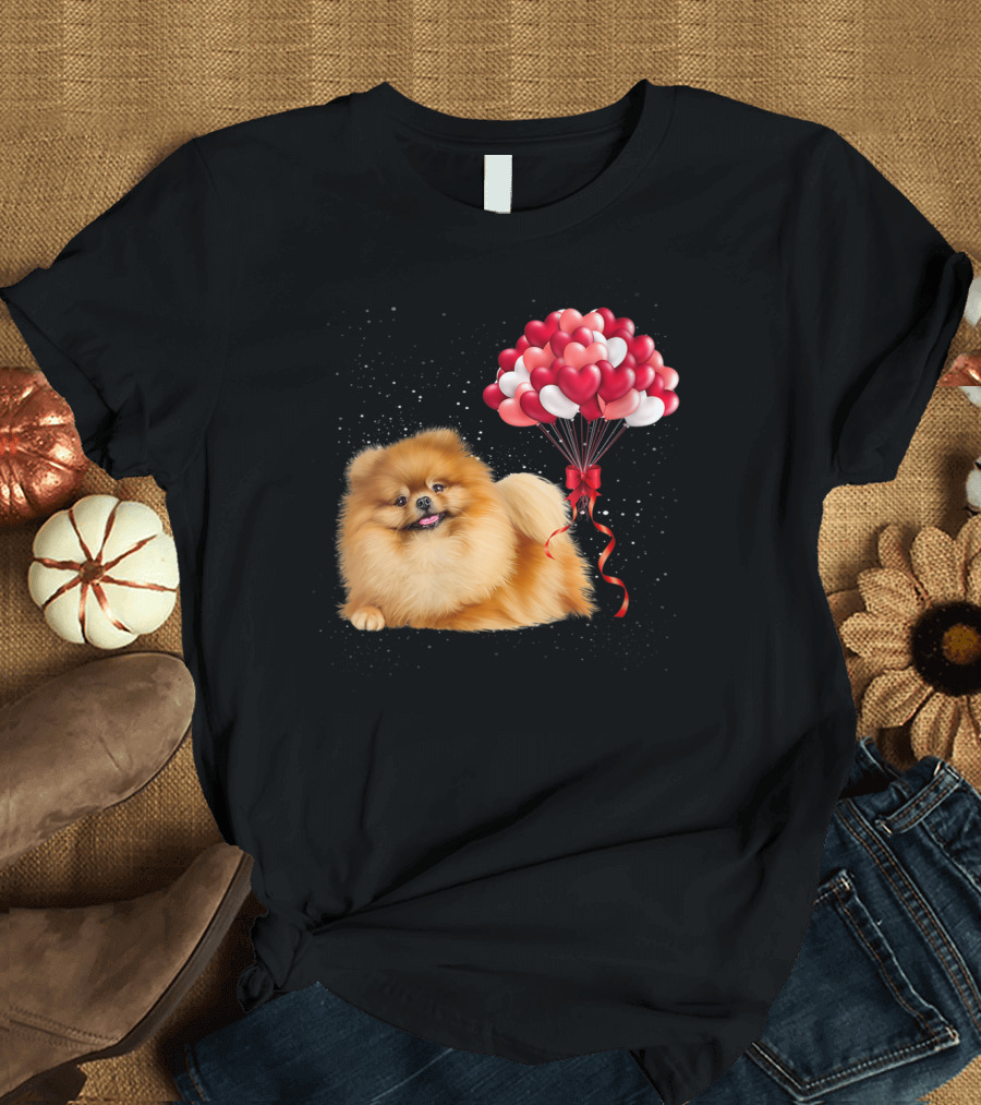 Pomeranian Valentines Day Funny Dog with Heart Balloons T-Shirt
