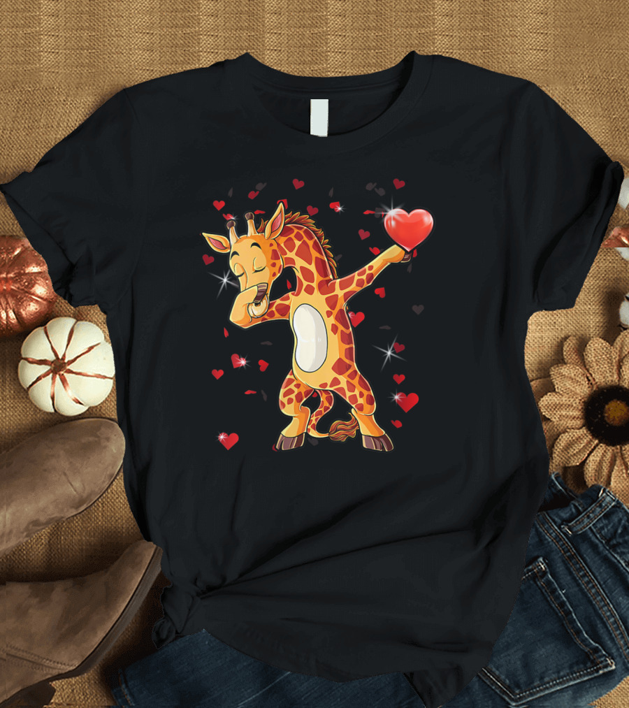 Valentine Girls Cute Dabbing Giraffe Holding Heart T-Shirt