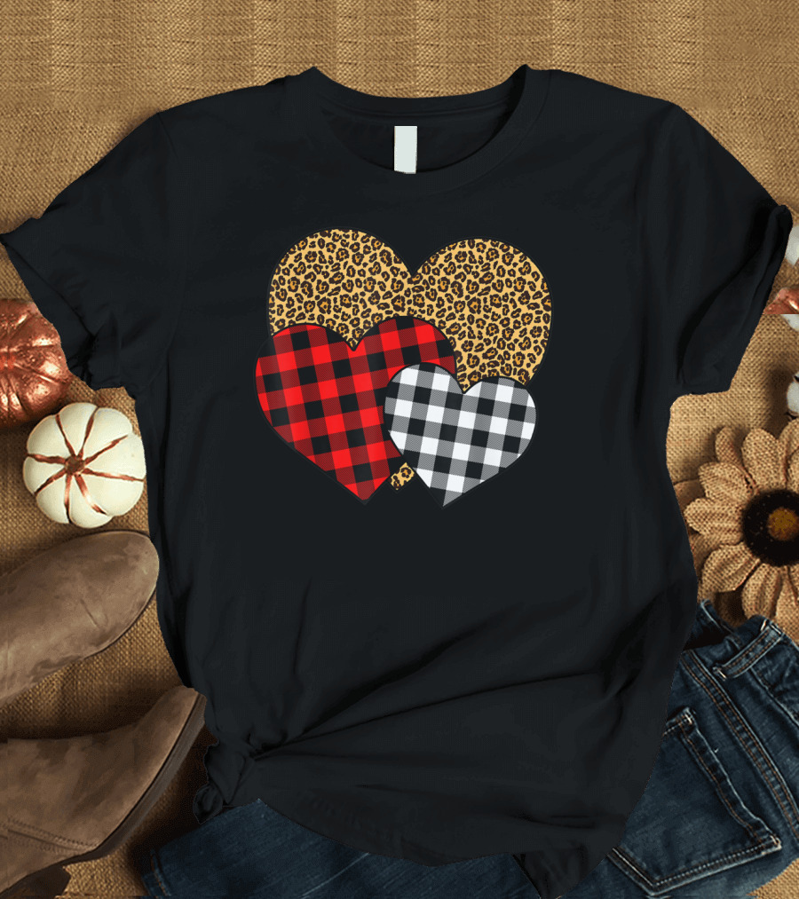 Buffalo Red Black Plaid With Leopard Hearts T-Shirt