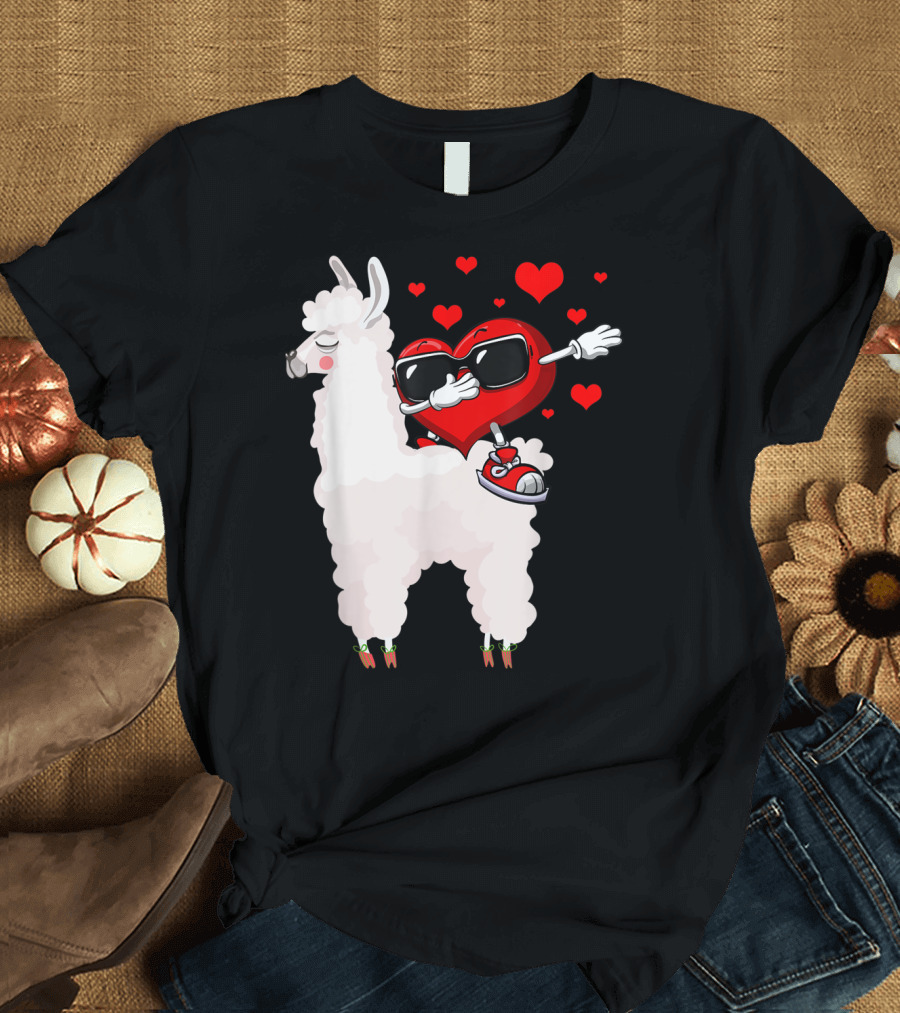 Heart Dabbing on Llama with Hearts Valentine Fun T-Shirt