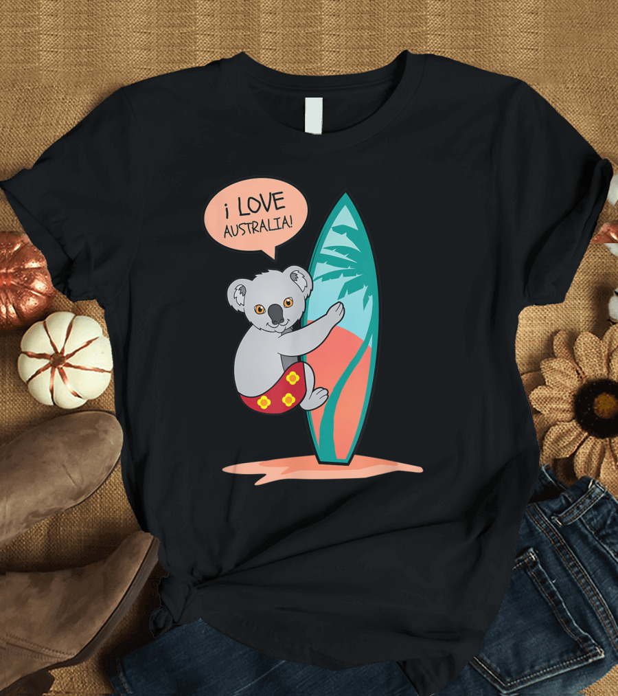 I Love Australia Koala Surfing with Aus Down Under Charm T-Shirt