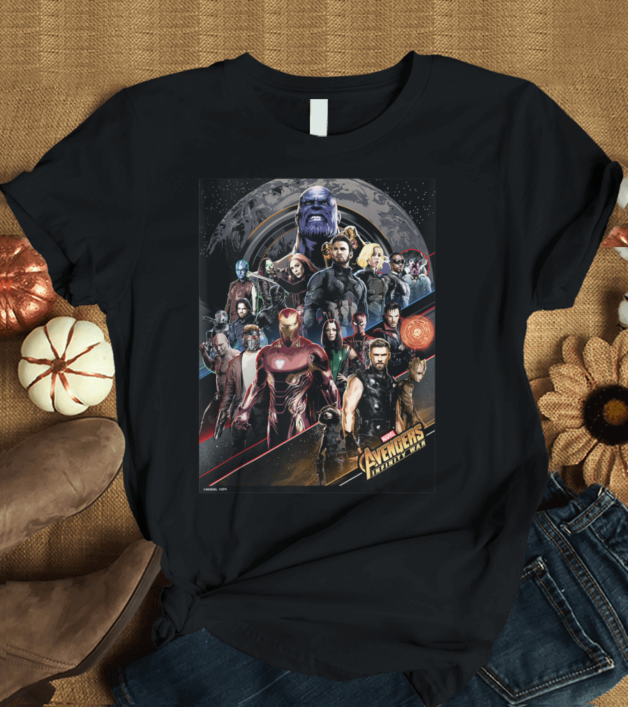 Marvel Avengers Infinity War Main Cast Collage Iconic Characters and Thanos Confrontation T-Shirt