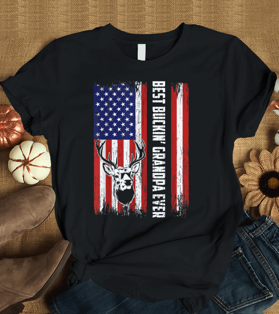 Best Buckin' Grandpa Ever American Flag Deer Hunting Bucking T-Shirt