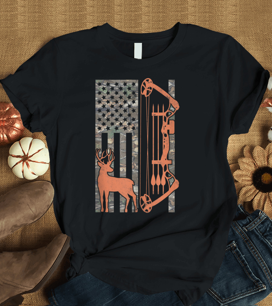 American Flag Camouflage with Bow Hunting Deer T-Shirt