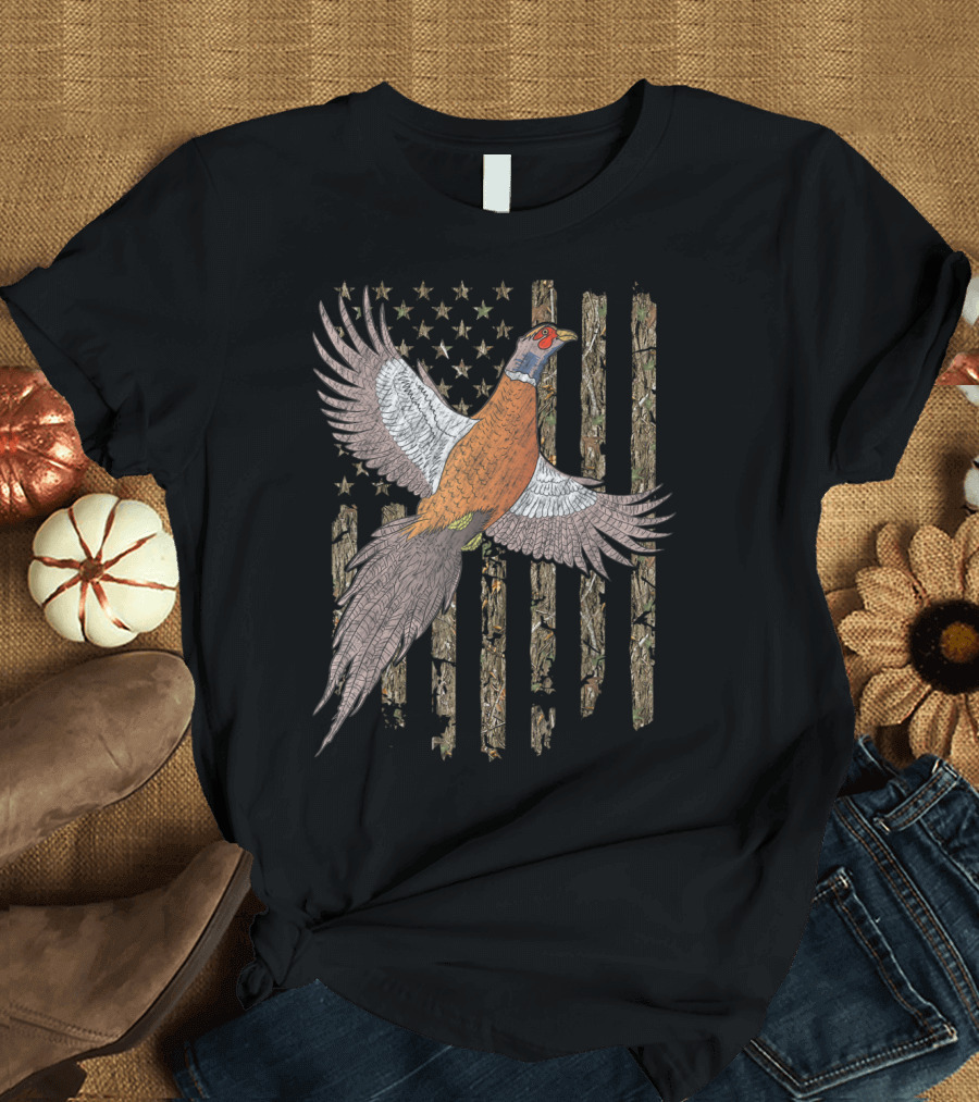 Usa American Flag Tree Camouflage Pheasant Wildlife T-Shirt