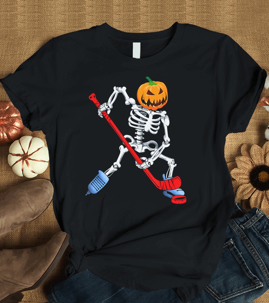 Skeleton Ice Hockey Halloween Pumpkin Hockey Player T-Shirt