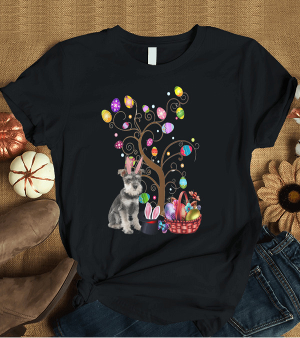 T-Shirt: Bunny Miniature Schnauzer Easter Day Egg Tree with Basket T-Shirt Bunny Miniature Schnauzer Easter Day Egg Tree with Basket T-Shirt