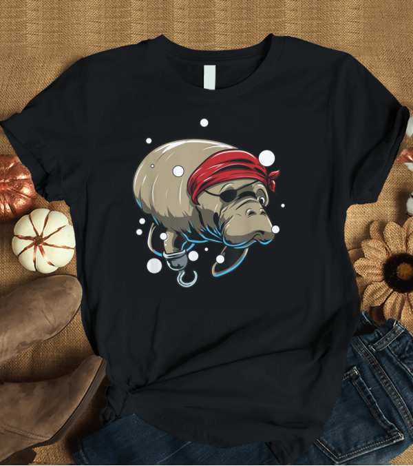 T-Shirt: Pirate Manatee with Red Bandana and Hook Arm T-Shirt Pirate Manatee with Red Bandana and Hook Arm T-Shirt