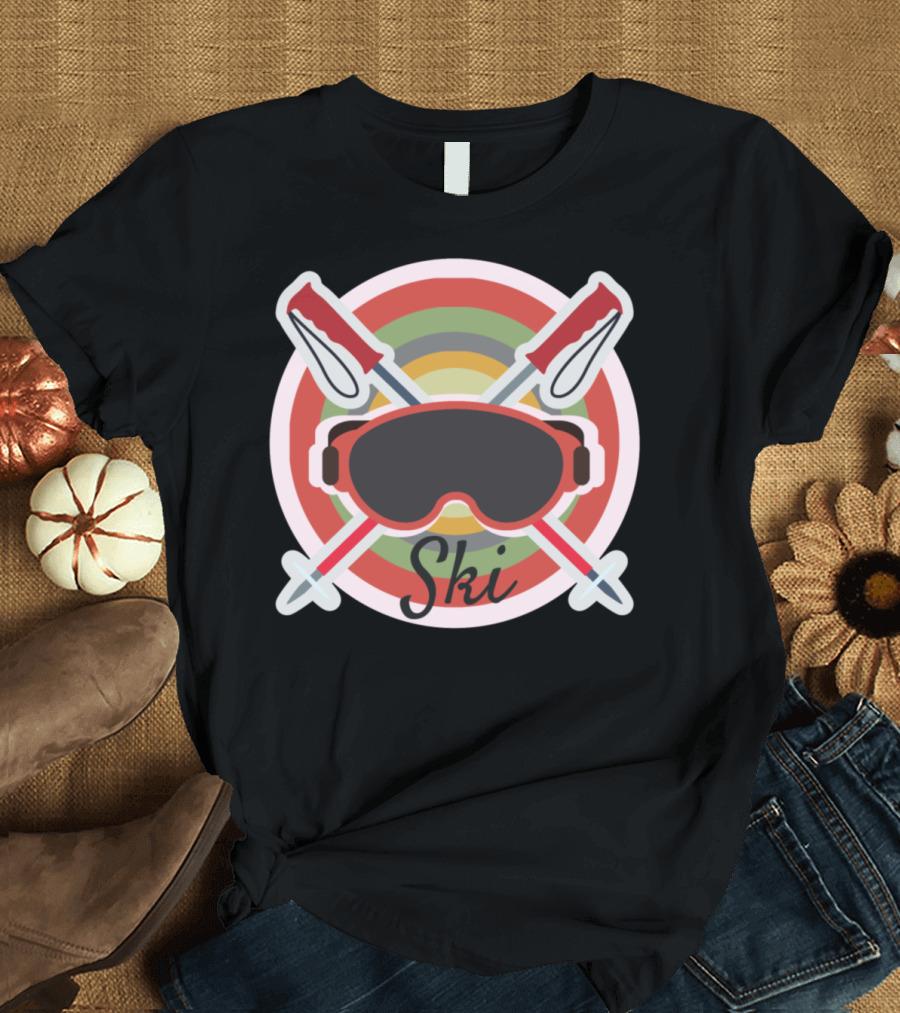 Ski Love Skiing Ski Goggles and Crossed Poles Retro Circle T-Shirt