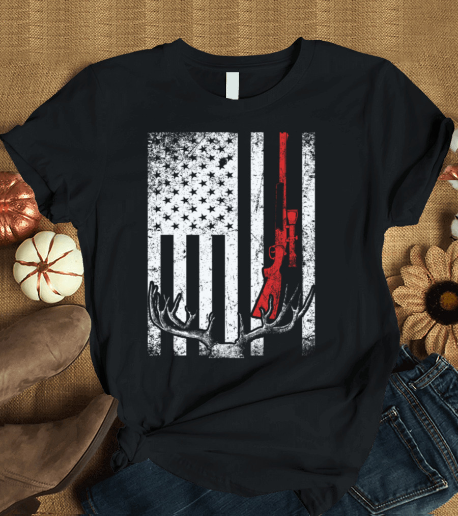 Rustic American Flag Deer Hunting Rifle Antlers T-Shirt