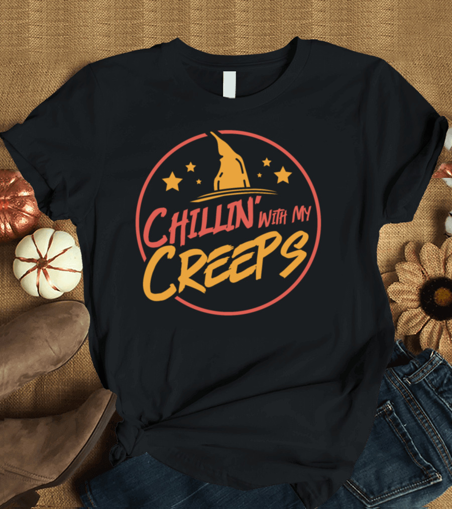 Chillin' With My Creeps Funny Halloween Stars and Witch Hat T-Shirt